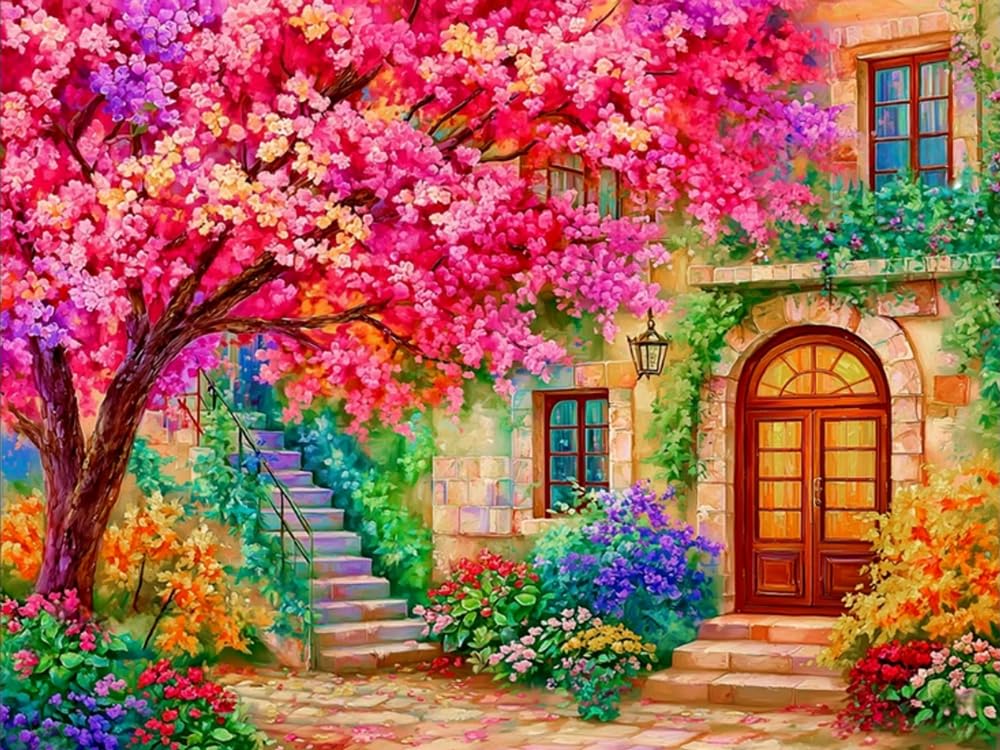 Weiniuniu Diamond Painting Kits for Adults Little Courtyard with Flowers DIY Bead Crystal Rhinestone Craft Easy 5D Dimond Picture Art Home Wall Decorations 50x70cm