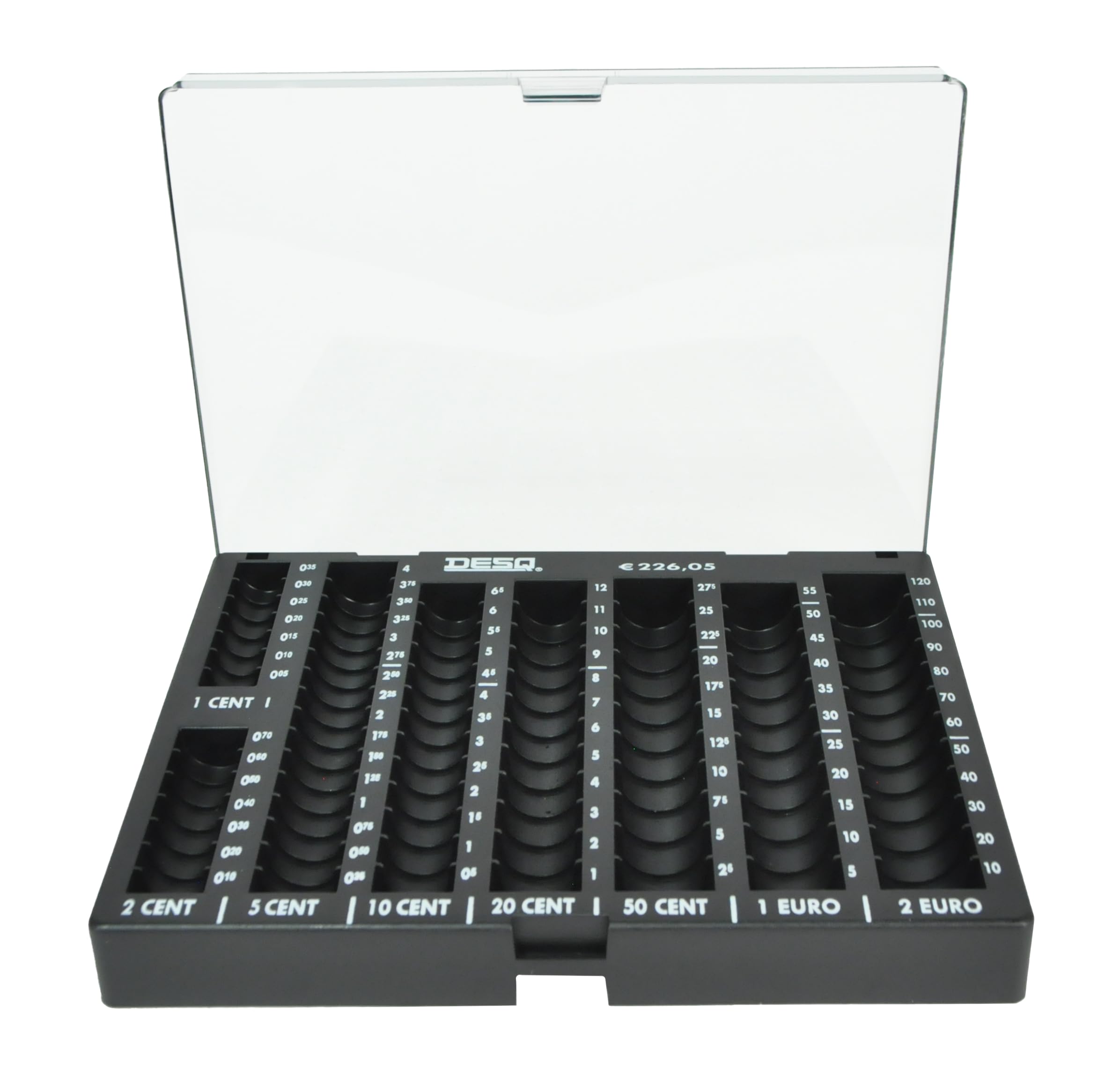 DESQ® Unité de tri de monnaie avec couvercle, adaptée pour les pièces en centimes et en euros, 8 compartiments, capacité de pièces de 226,05 €