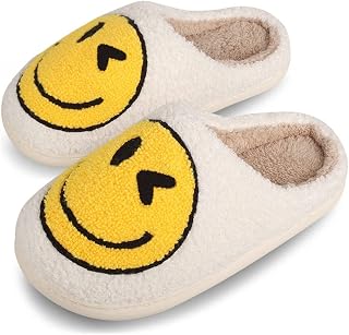 Women Soft Plush Santa Hat Smile Face Fuzzy Slippers Retro Warm Slip-on Slipper Cute Anti-slip Slippers with Memory Foam Slip-on Fur Slippers Breathable Santa Hat Slippers