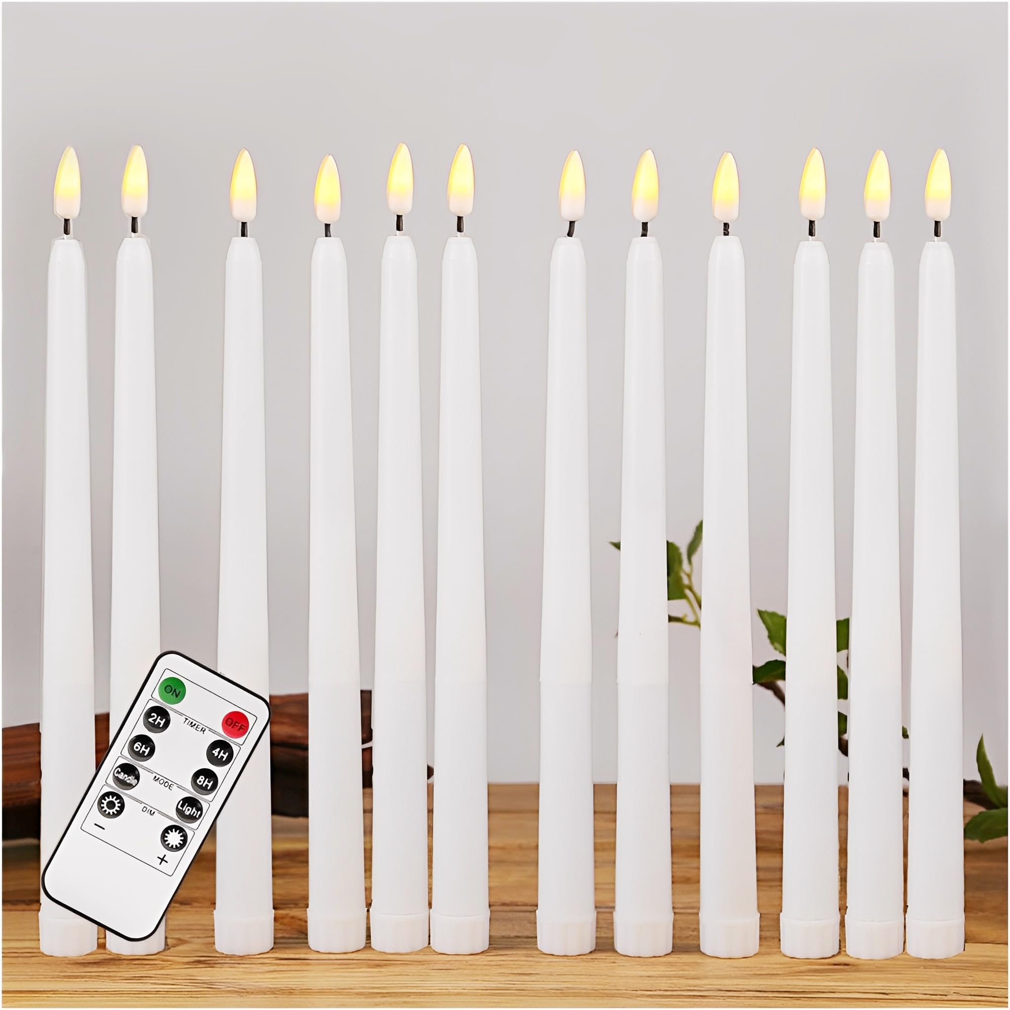 White Flameless Taper Candles with Remote, Flickering LED Battery Operated Candlesticks Set of 12