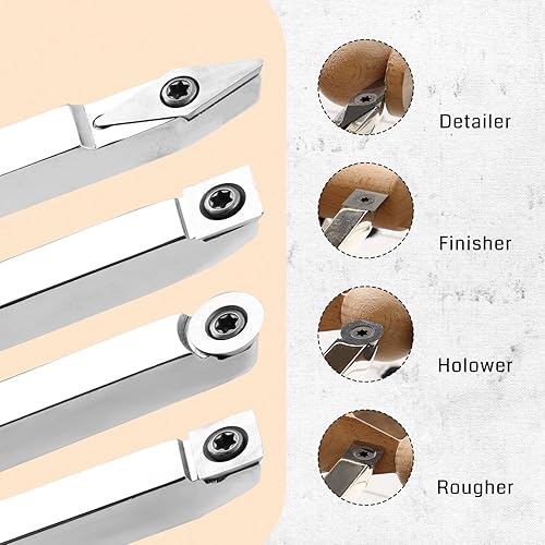 Miniatura 2 de SainSmart Juego de 4 herramientas de torneado de madera de carburo, diamante redondo y cuadrado, insertos de carburo reemplazables, mango de madera