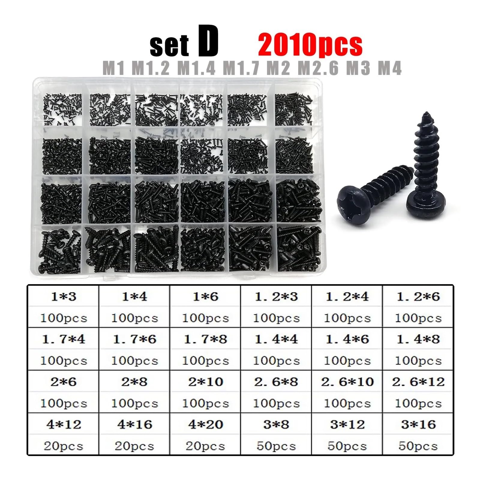 1 Box Mix M1 M1.2 M1.4 M1.7 M2 M2.6 M3 M4 Schwarzer Stahl Mikro Kreuz Rundkopf Selbstschneidende Holzschrauben Set(Set D 2010pcs)