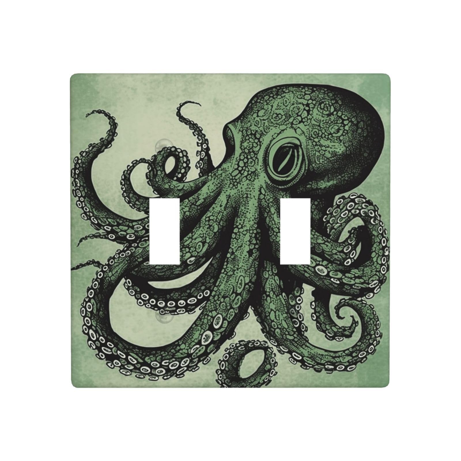 2 Gang Double Toggle Wall Plates, Unbreakable Decorative Duplex Light Switch Plate Covers Green Octopus Electrical Switchplate Cover Faceplate For Bathroom Kitchen Decor