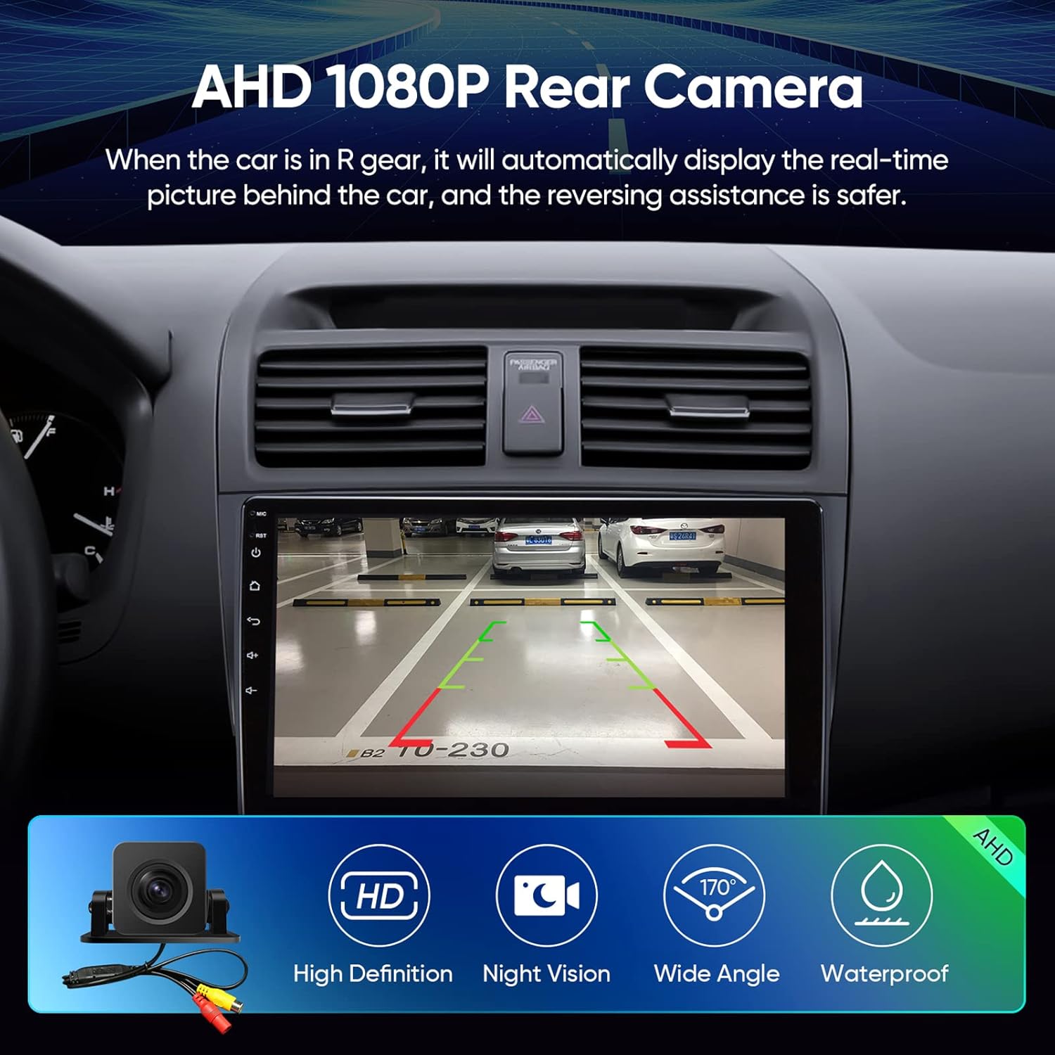 Image showing the head unit display with a 1080P rear view camera feed, including parking guidelines, and icons for High Definition, Night Vision, Wide Angle, and Waterproof features.