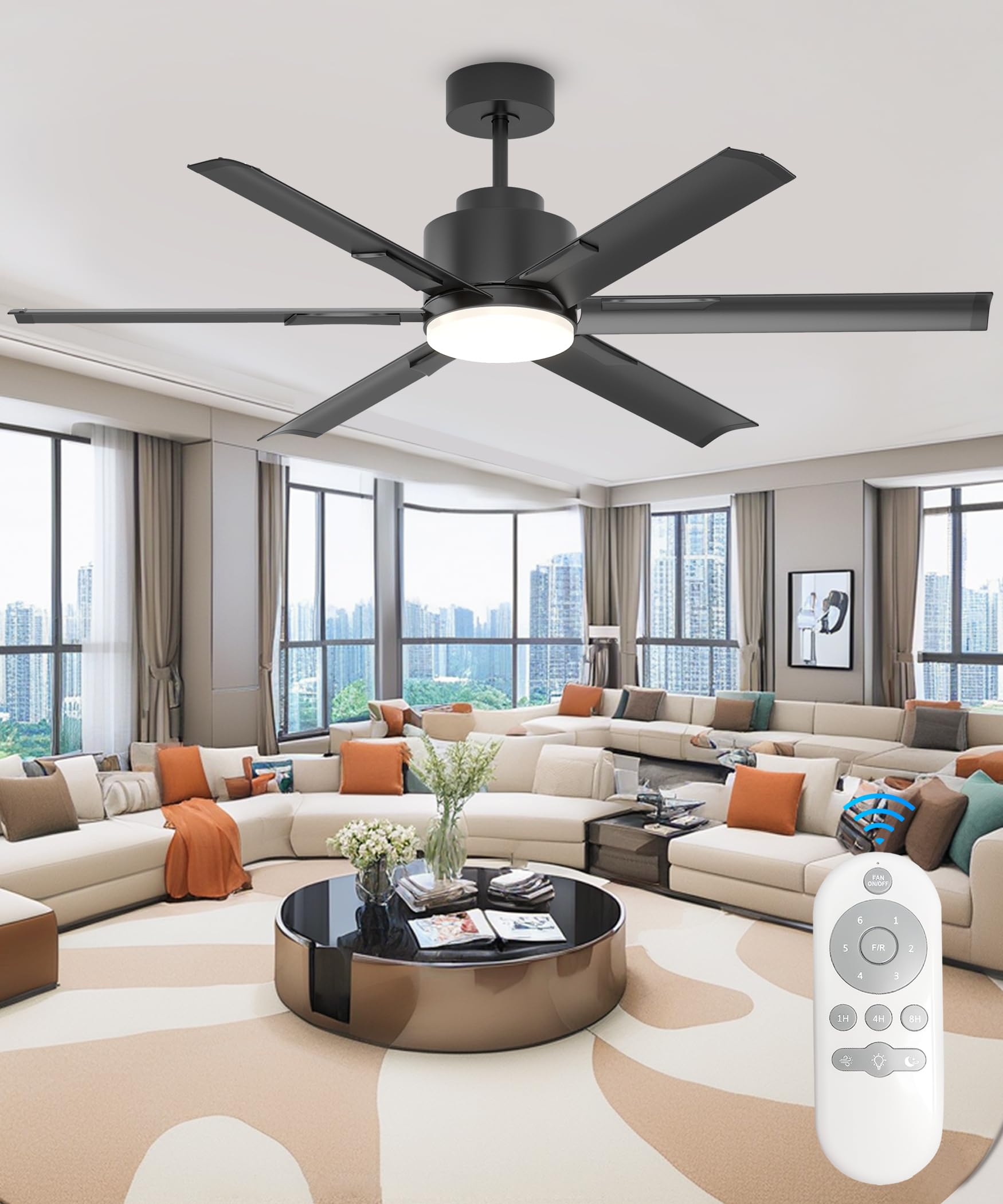 JAYNLT 60 Inch Ceiling Fan with Light,High CFM Industrial LED Fan Lights with 6 Aluminium Blades,Remote Control, Air Reversible 6 Speed 3 Colors
