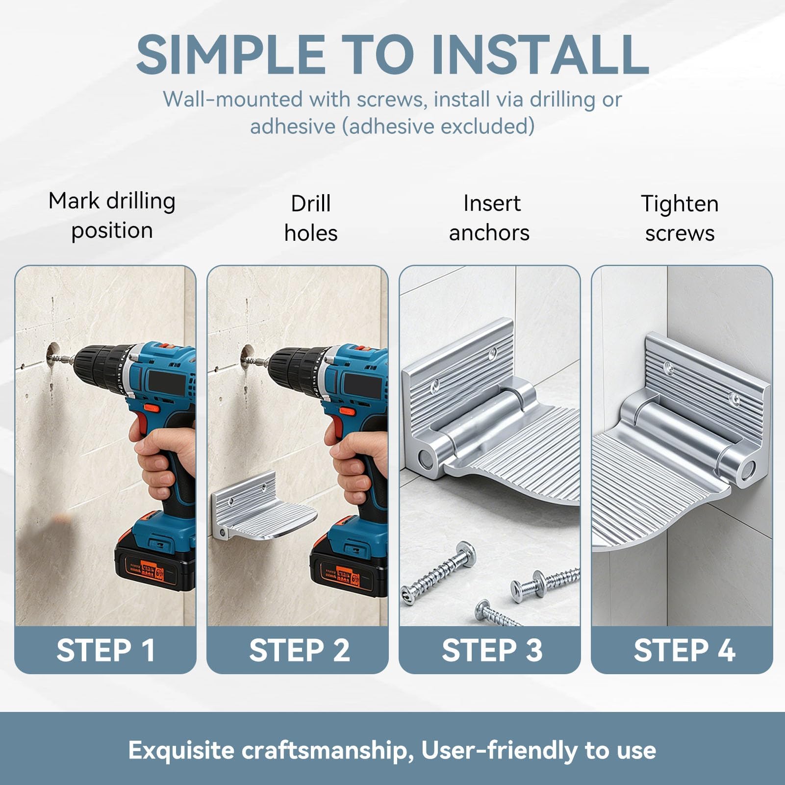 Reposapiés de Ducha, Pedal Plegable Antideslizante con fijación a la Pared, reposapiés portátil de Aluminio Espacial para afeitarse y lustrar Zapatos en el baño y el Pasillo, Color Plateado