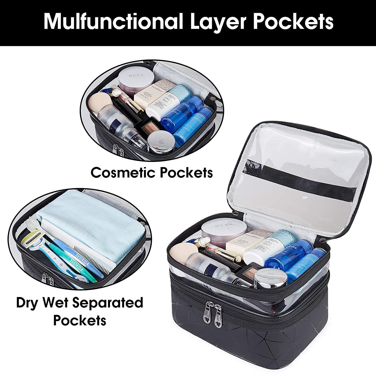 Viulvuk Luxury Double Layer Makeup Pouches for Women | Premium Cosmetic Bags for Girls | Toiletry Kit Pouch with Brush Holder | Travel Wash Bag and inner ware storage organizer - Black Diamond
