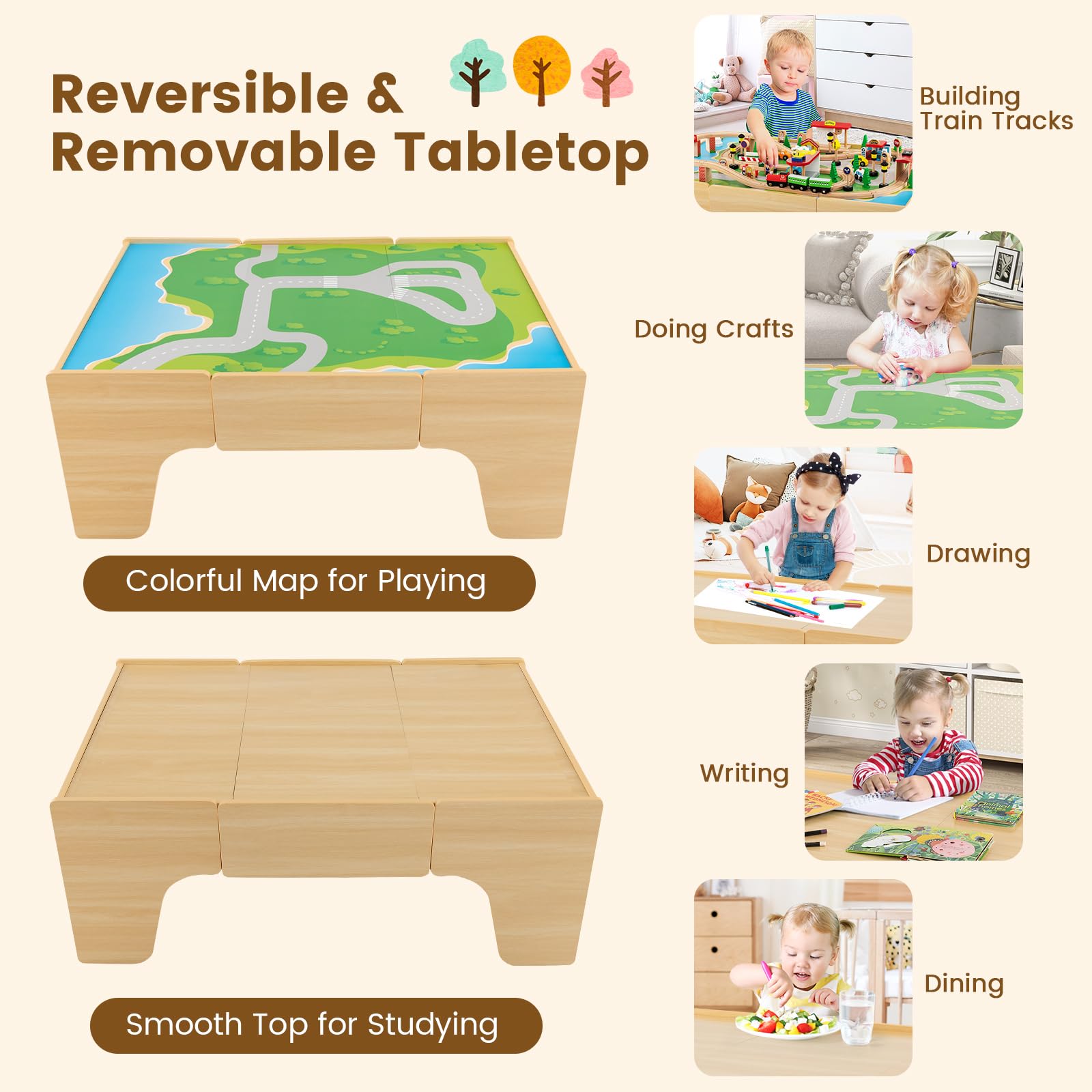 FANTASK 84-teiliges Spieltisch Holz, Kinder Eisenbahn Set mit umkehrbarer & abnembarer Tischplatte und Schublade, Aktivitätstisch zum Spielen, Malen, Lesen, Essen, Spielzeug für Kinder ab 3 Jahren