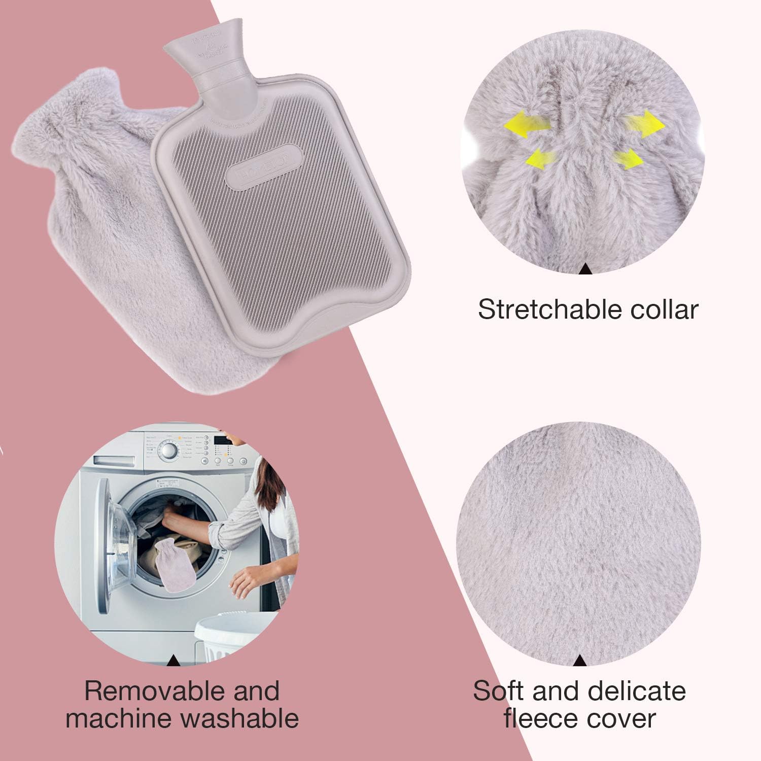 HomeTop Premium Classic Rubber Hot Water Bottle w/Luxurious Faux Fur Plush Fleece Cover (2L, Gray) : Health & Household