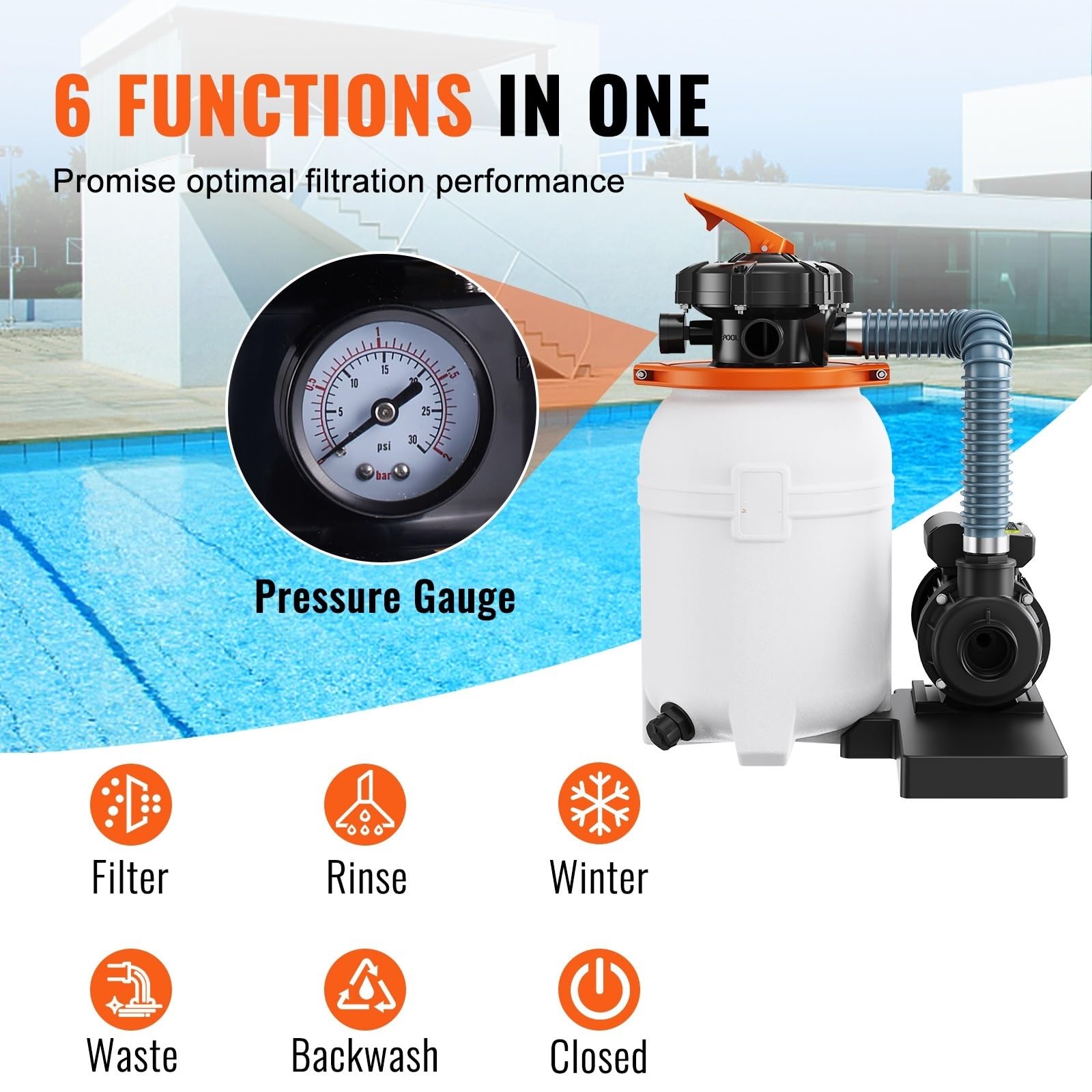 Pompa filtrująca piaskowa do basenów naziemnych 10 cali/12 cali 1585 GPH System pomp basenowych i filtrów Zestaw combo użytku w basenie Łatwe w czyszczeniu(12inch 0.35HP)