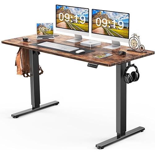 Electric Height Adjustable Standing Desk, 63'' x 24'' Stand up Desk Modern Adjustable Desk Sit to Stand Desk Computer Desk, Ergonomic Computer Workstation with Rust Brown Top & Black Frame