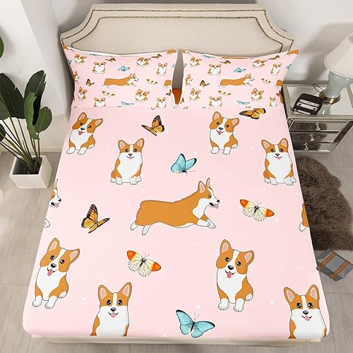 Erosebridal Lindas sábanas tamaño individual de Corgi para niñas, sábanas kawaii para perros, juegos de sábanas bajeras con diseño de cachorros de