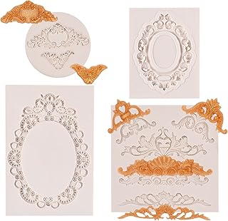 Baroque Photo Frame Silicone Molds 4 Pcs, Royal Floral Scroll Embossed Fondant Molds for Cake Cupcake Decorating, Cookies,...