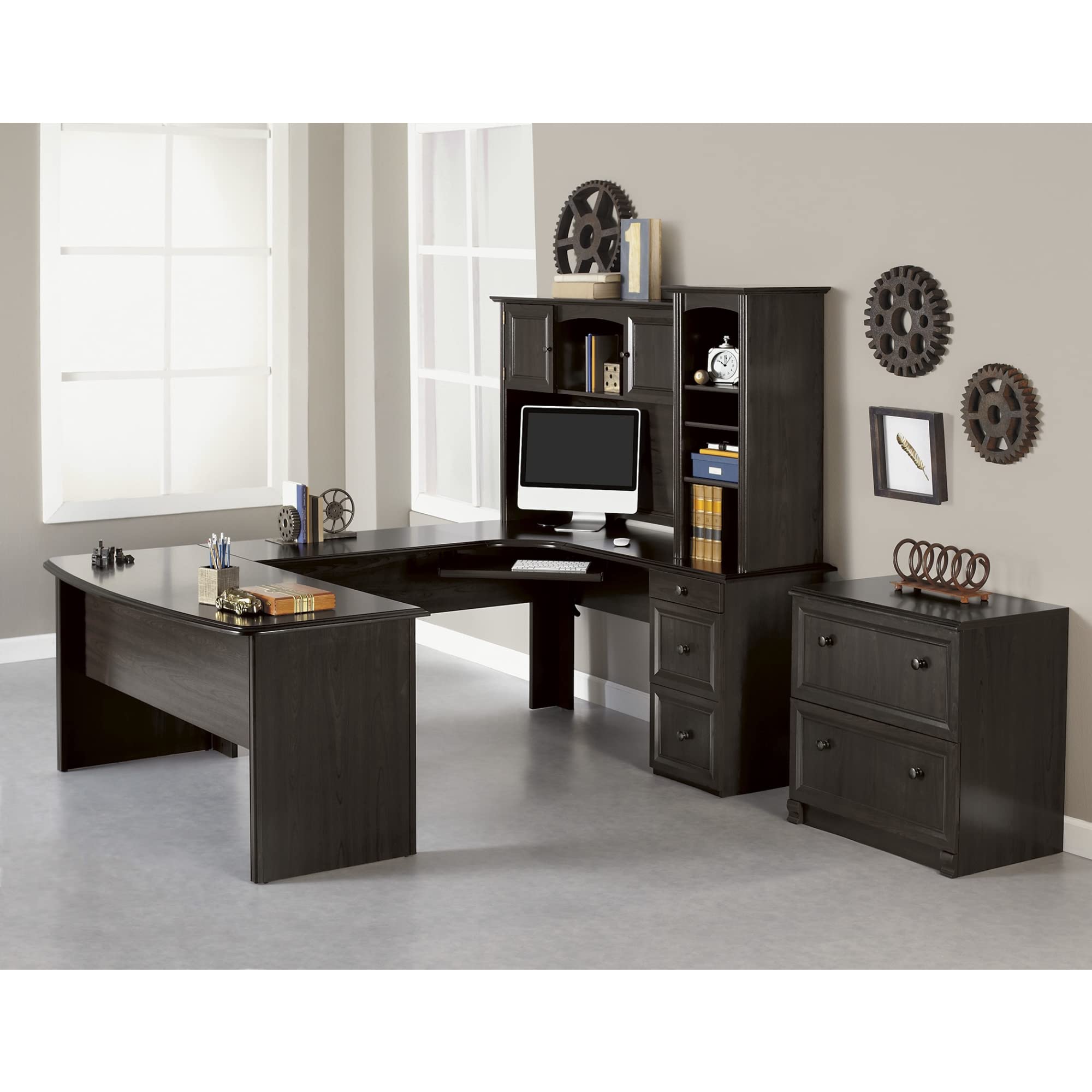 Realspace(r) Broadstreet 65"W U-Shaped Executive Desk, Walnut
