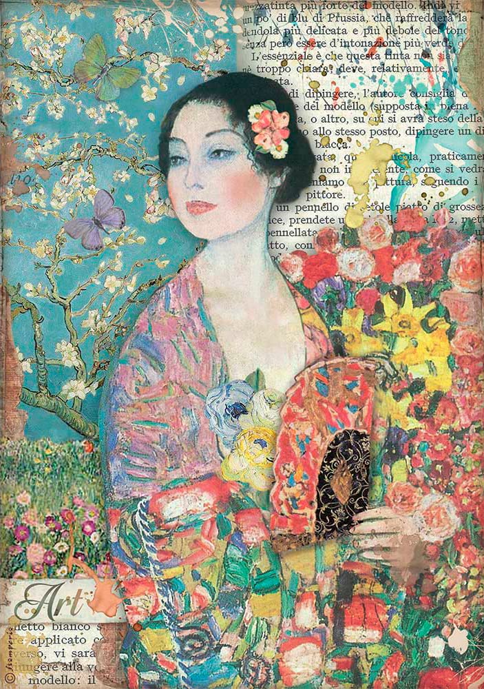 STAMPERIA INTERNATIONAL, KFT Stamperia-Rice Paper-Atelier Dame with Fan, Multicoloured, One Size