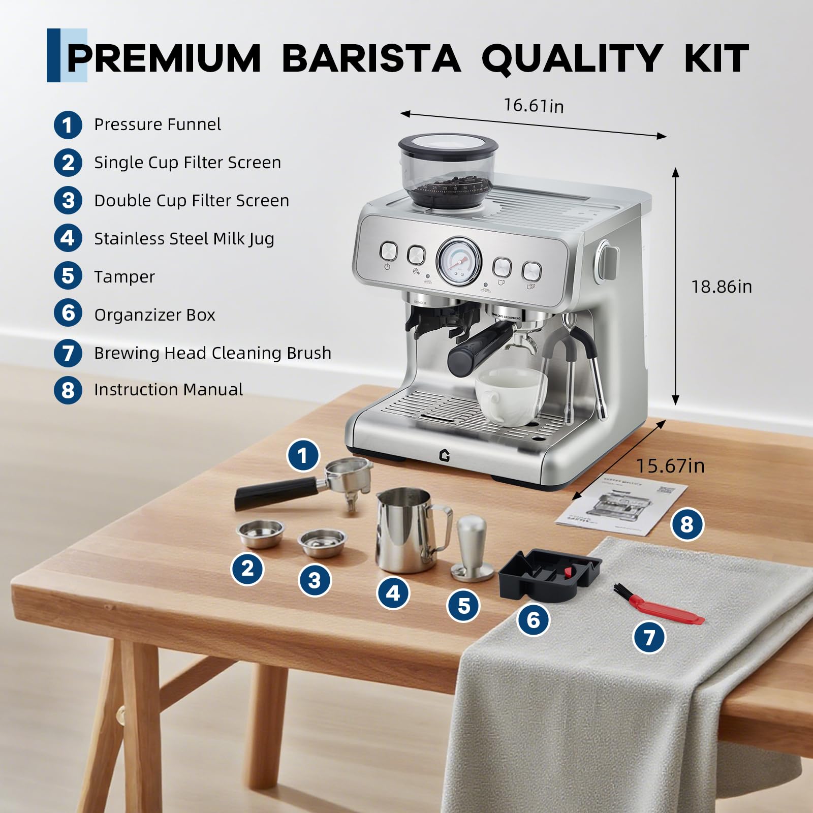Macchina per Espresso Semiautomatica in Acciaio Inox - 15 Bar con Macinacaffè Integrato e Schiumalatte, Serbatoio 1.2L Rimovibile, 30 Regolazioni di Macinatura