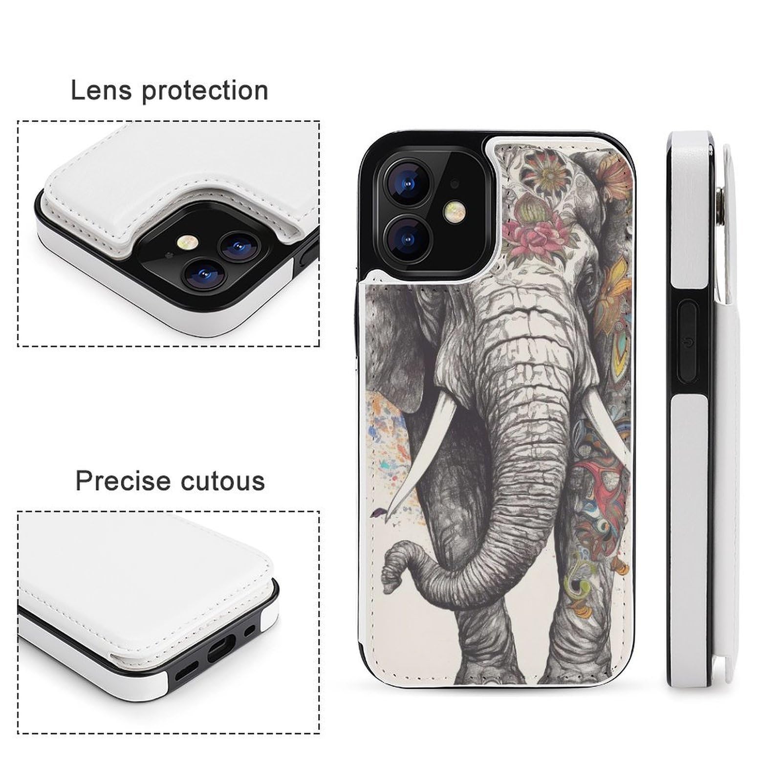 Funda tipo cartera para iPhone 12 Mini, diseño de elefantes, de piel, con ranuras para tarjetas