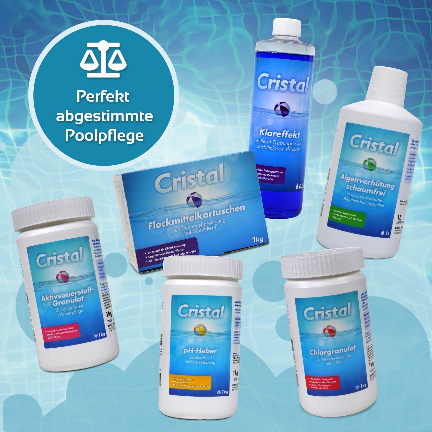 Cristal 3 kg Flockmittel Trübungsentferner Pool Kartuschen 24 x 125g für Filteranlagen Sand & Glas Flockungsmittel Poolreiniger Poolpflege klares Wasser