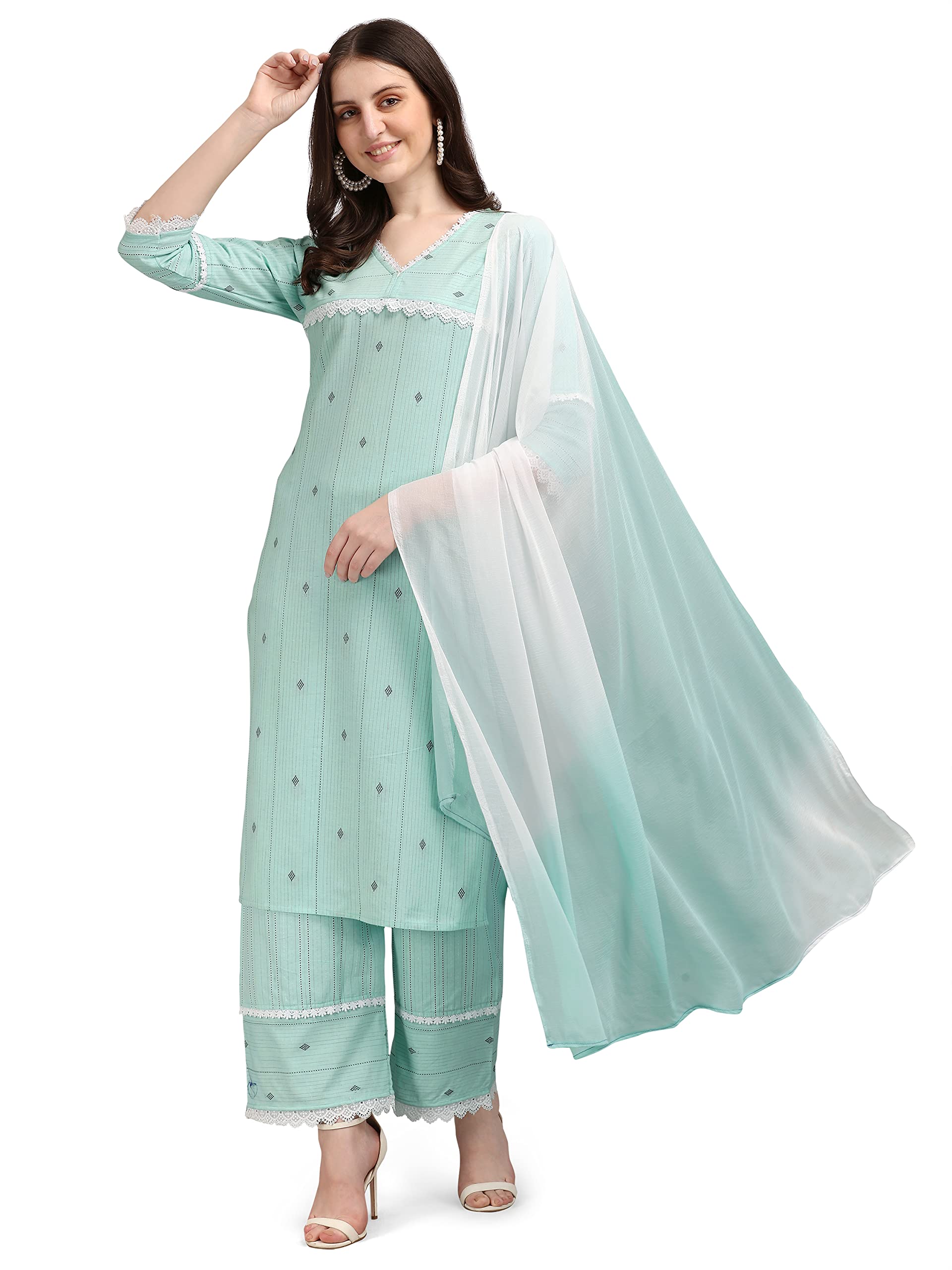 EthnicJunction Women's Cotton Printed Kurta Palazzo and Dupatta Set