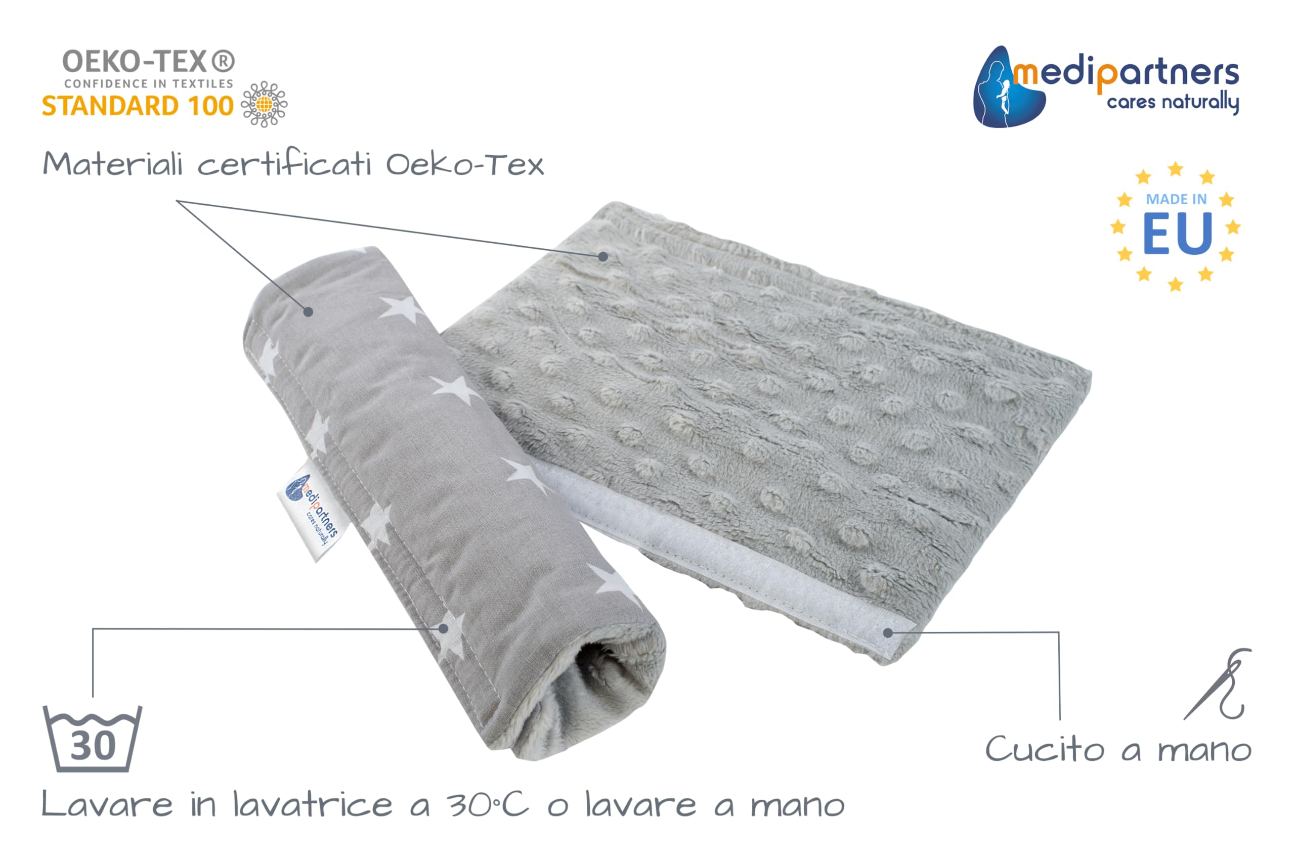 Medi Partners Copri Cintura di Sicurezza Auto Copricintura Bambini Car Cuscino 17x22cm 100% Cotone Minky Cinture Kids Copri Seggiolino Protezione (Stelle grigie con Minky) - 2