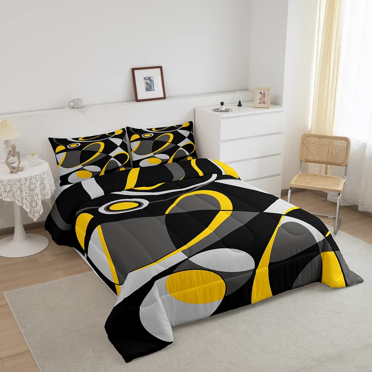 Feelyou Yellow Grey Black Geometry Comforter Geometric Circle Comforter Set Geometry Swirl Bedding Set for Children Kids Boys Girls Modern Abstract Art Duvet Set Room Decor Quilt Set Twin Size