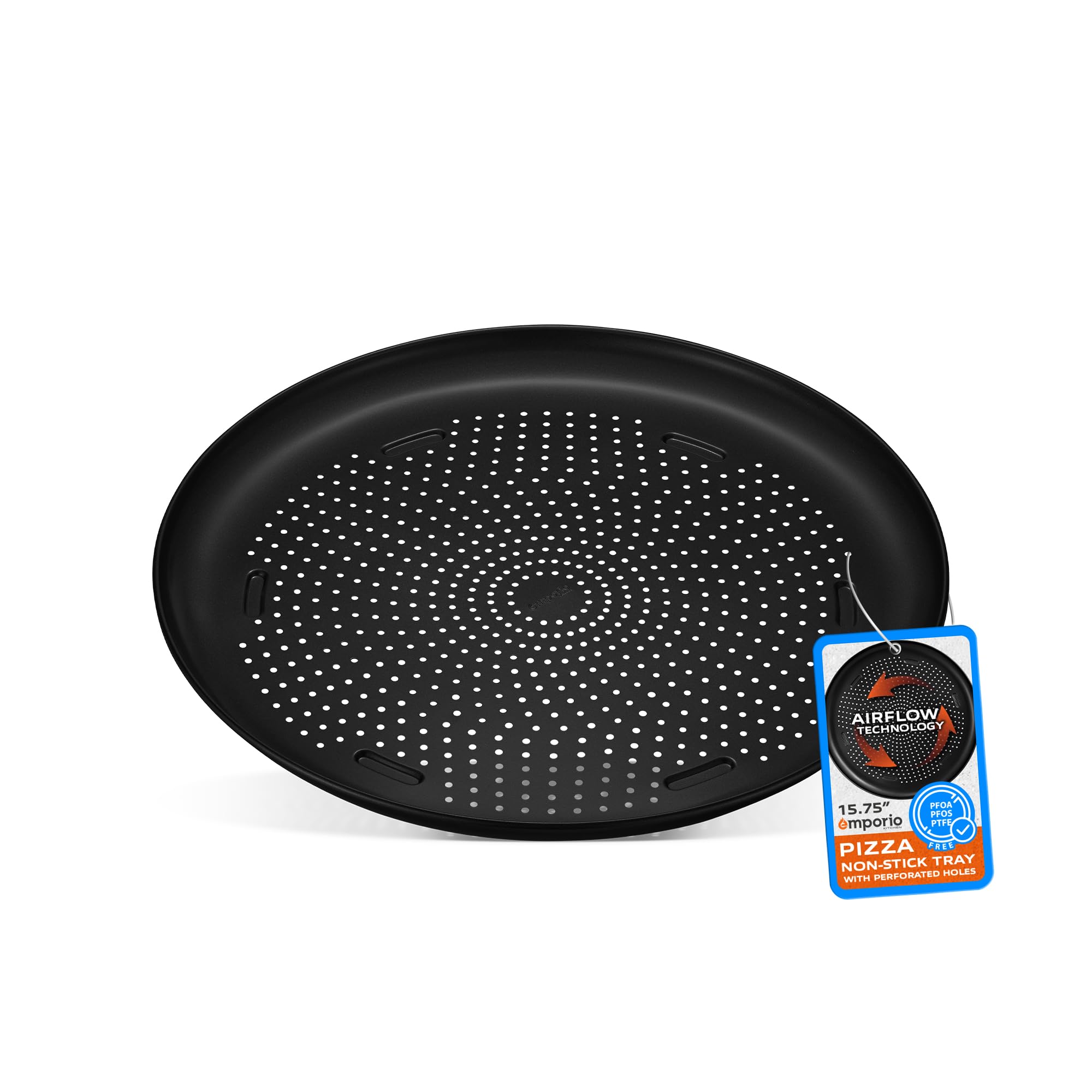 Pizza Baking Pan - 15.75-Inch Round Perforated Carbon Steel Tray with Non-Stick Coating, Dishwasher Safe, Oven Safe (Up To 450° F), Airflow Design, PFOA, PFOS, PTFE Free, Gray