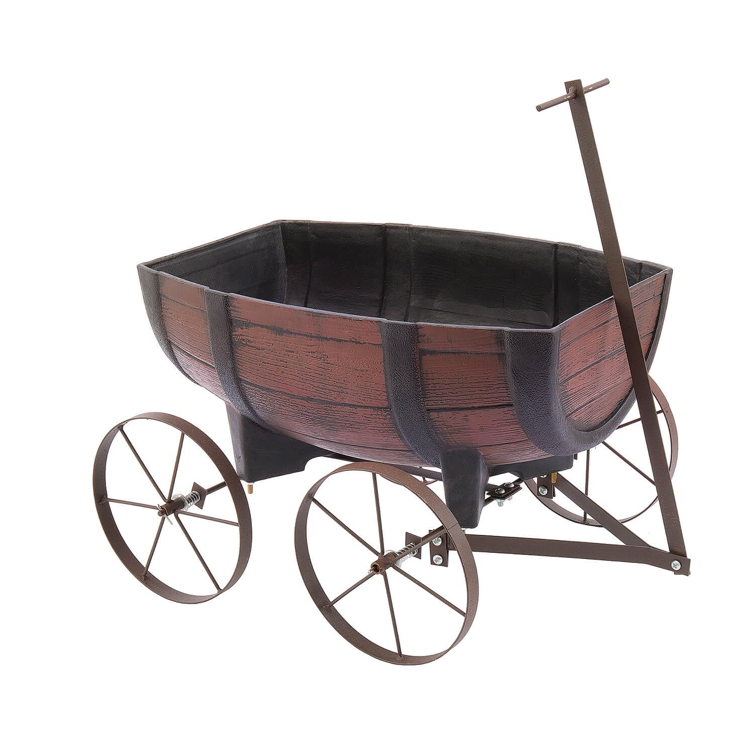 Coopers of Stortford - Wooden Barrel Cart Planter with Metal Wagon Wheels - Vintage Style Garden Planter with Drainage Holes