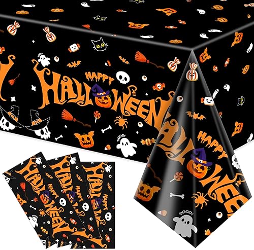 Labeol Paquete de 3 manteles de Halloween, 108 x 54 pulgadas, manteles de Halloween negros, desechables, impermeables, de plástico, rectangular,