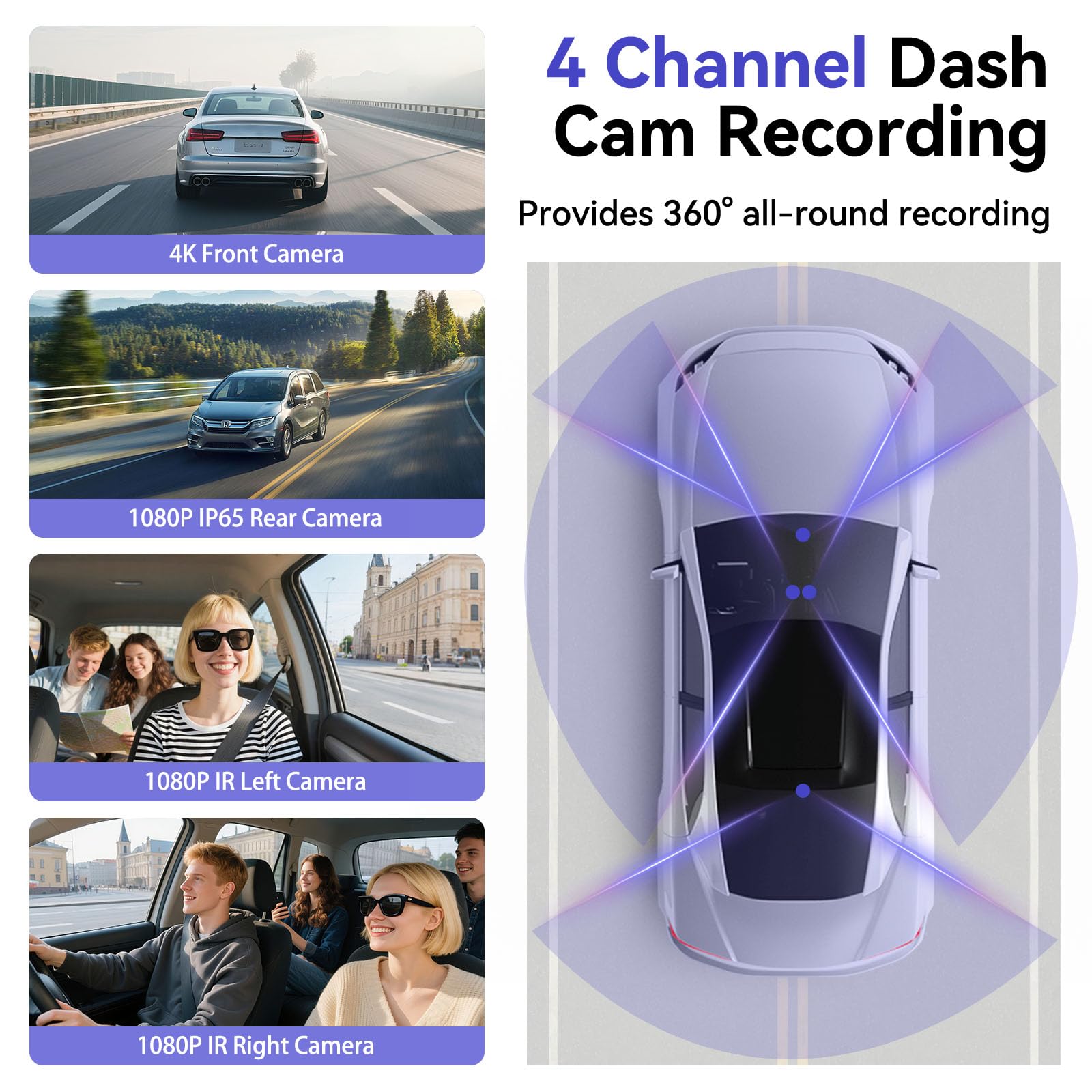 4K Dashcam Auto vorne hinten 4 Kanal mit 3" IPS-Bildschirm, 64-GB-Karte, Parküberwachung, WDR-Nachtsicht, G-Sensor, Loop-Aufnahme