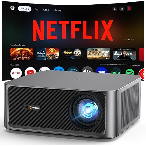 2500 ANSI Lumen Official Netflix Licensed 4K UHD Smart Projector, HAPPRUN Home Theater with Dolby Audio, Wi-Fi 6 & Bluetooth 5.2, Built-in Streaming Apps, Works with Smartphones, Indoor & Outdoor Use