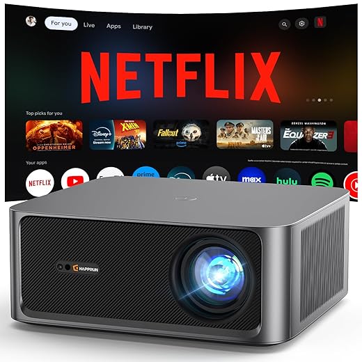2500 ANSI Lumen Official Netflix Licensed 4K UHD Smart Projector, HAPPRUN Home Theater with Dolby Audio, Wi-Fi 6 & Bluetooth 5.2, Built-in Streaming Apps, Works with Smartphones, Indoor & Outdoor Use
