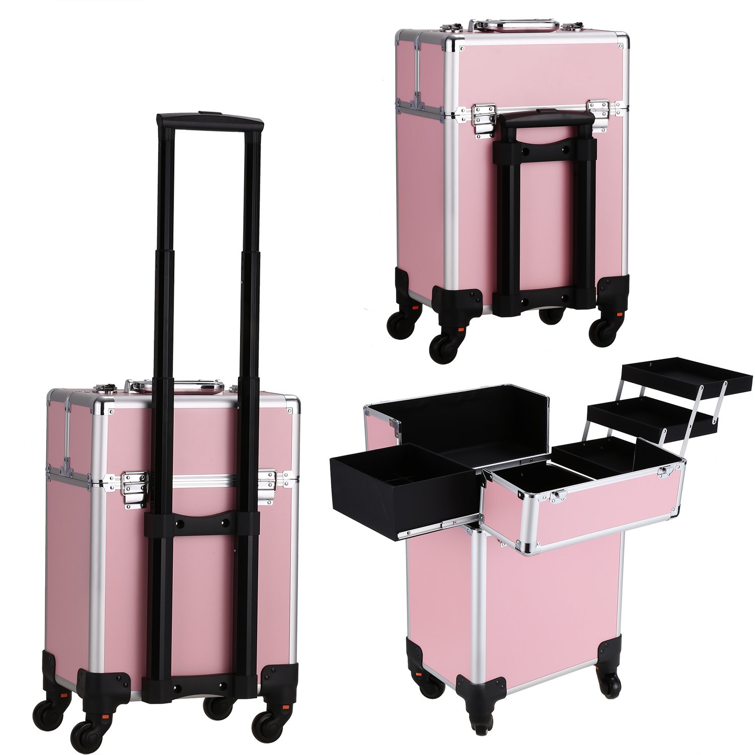Aluminum Rolling Makeup Case Salon Cosmetic Organizer Trolley Train Case Pink (2 Tier)