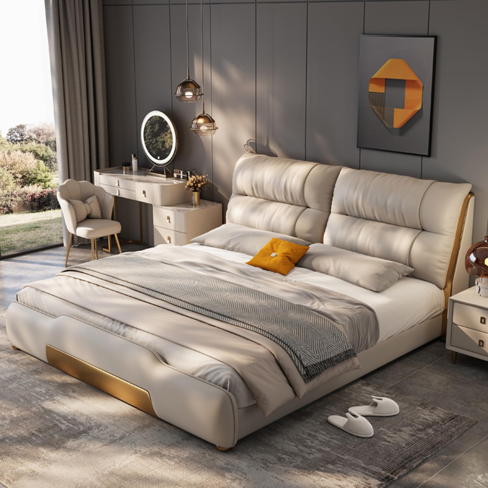 King Size Genuine Leather Wood Bed Upholstered Platform Bed Frame with Headboard and Drawers Wooden Slats Support No