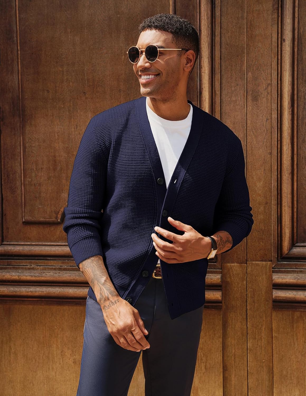 PJ PAUL JONES Mens Waffle Textured Cardigan Sweater Long Sleeve V-Neck Knitted Sweaters - Image 7