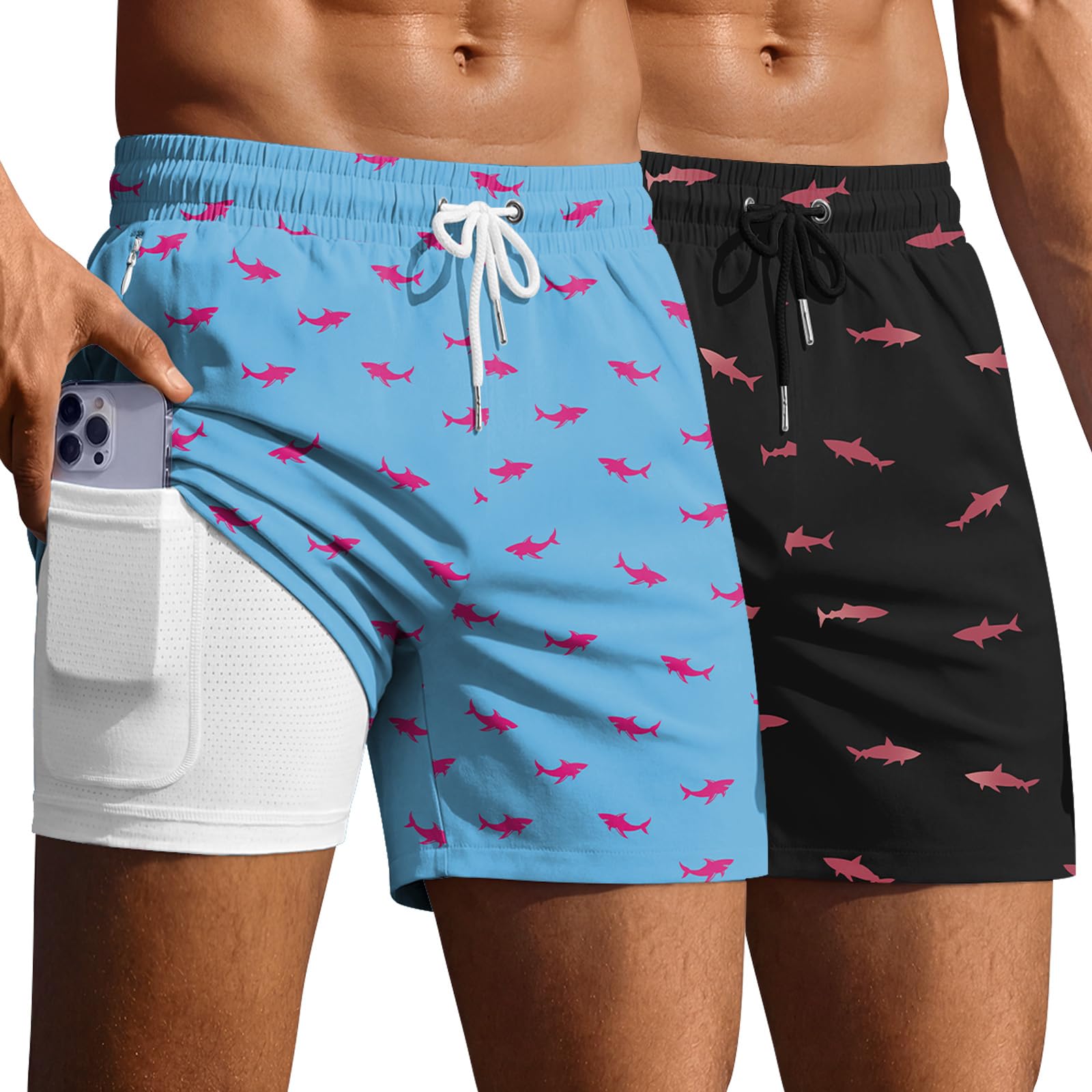Ekouaer 2 Pack Men's Swim Trunks 5" with Compression Liner 2 in 1 Board Shorts Quick Dry Bathing Suit Swimwear Zipper Pocket — view 7