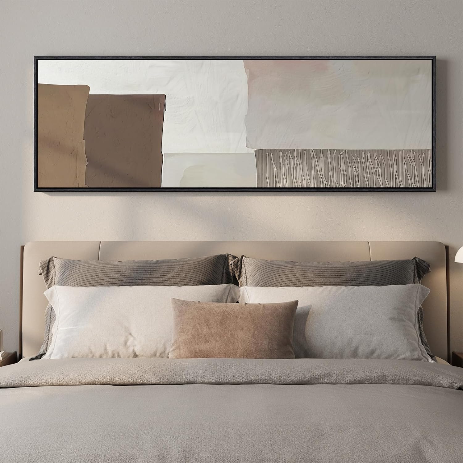 Framed Neutral Narrow Abstract Wall Art for Bedroom, Large Long Minimalist Horizontal Canvas Artwork for Walls, Modern Beige and Brown Picture Print for Living Room Over Bed Wall Art Decor, 20x60 Inch