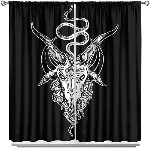Vista 15 de Cortinas de cabeza de cabra, misteriosa cabeza de cabra malvada, calavera negra, bolsillo para barra, cortinas opacas para ventana, juego de 2