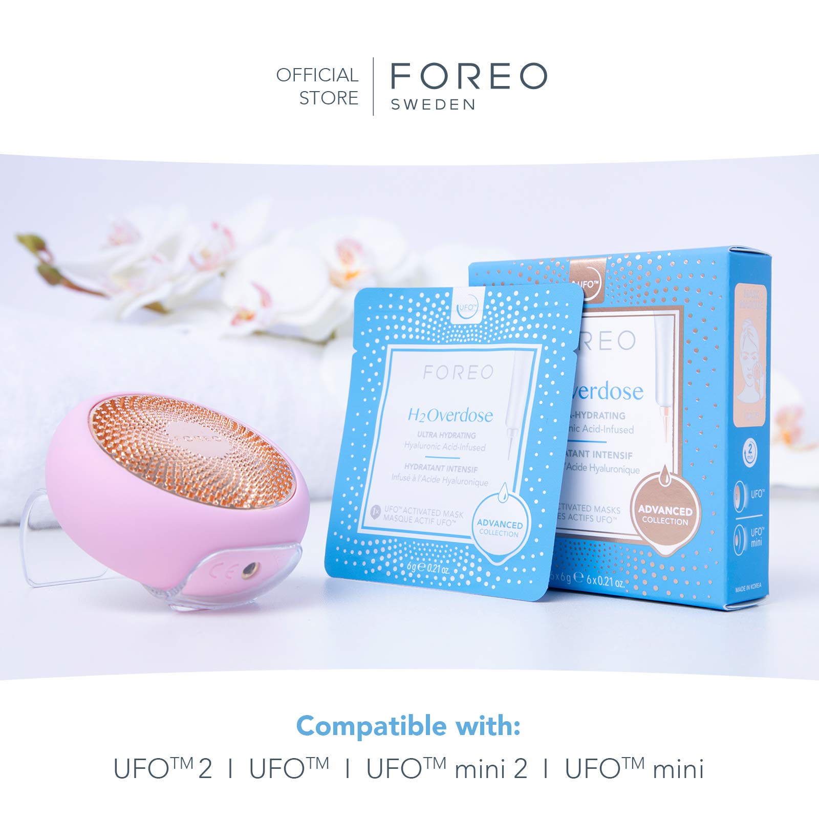 FOREO H2Overdose Advanced Collection 2.0 UFO-Activated Facial Mask - Hydrating Facial - Beauty & Personal Care - Hyaluronic Acid & Vitamin E - For All Skin Types - Dry skin & Flaky Skin - 6 pcs in pack
