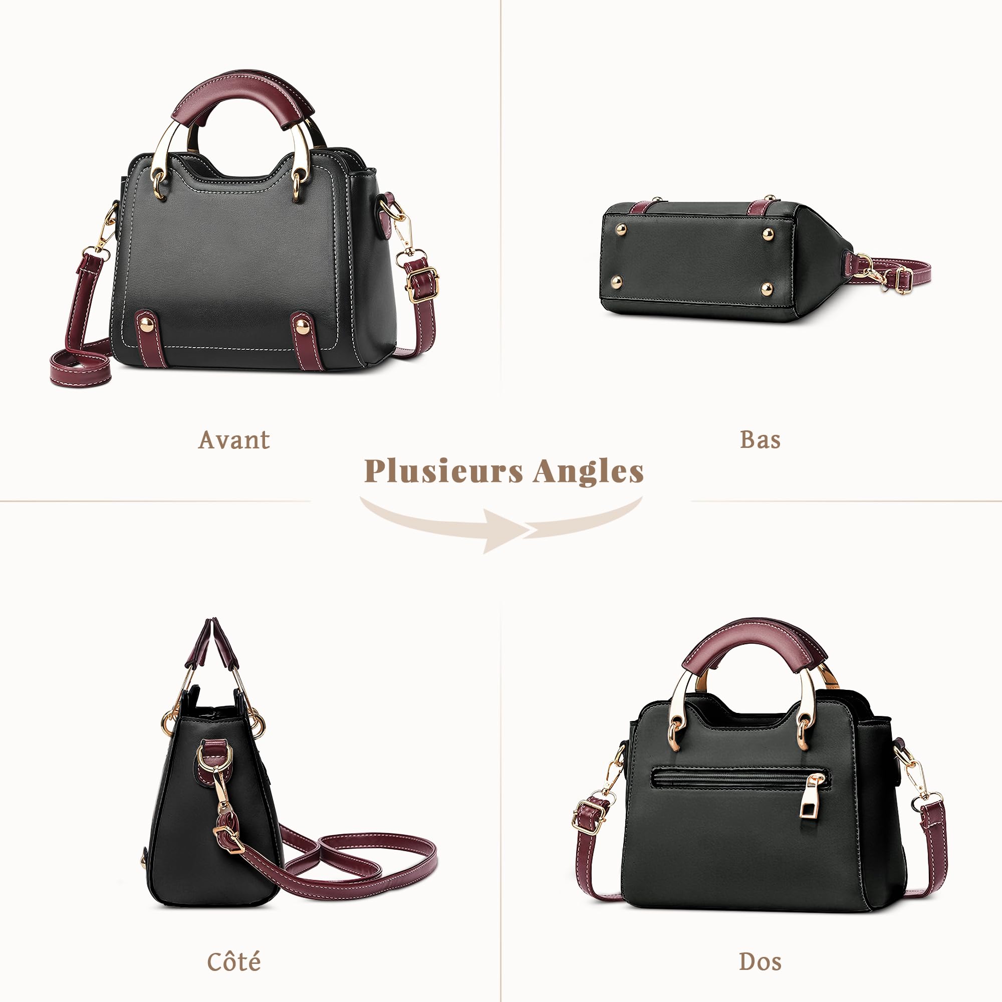 Elégant Sac à Main Petit Femme Sac à Bandoulière Mode Sacoche Cabas Retro Casual Sacs Porté Epaule Cuir PU Sac Fourre-Tout pour Travail Voyage Dating Shopping Noir
