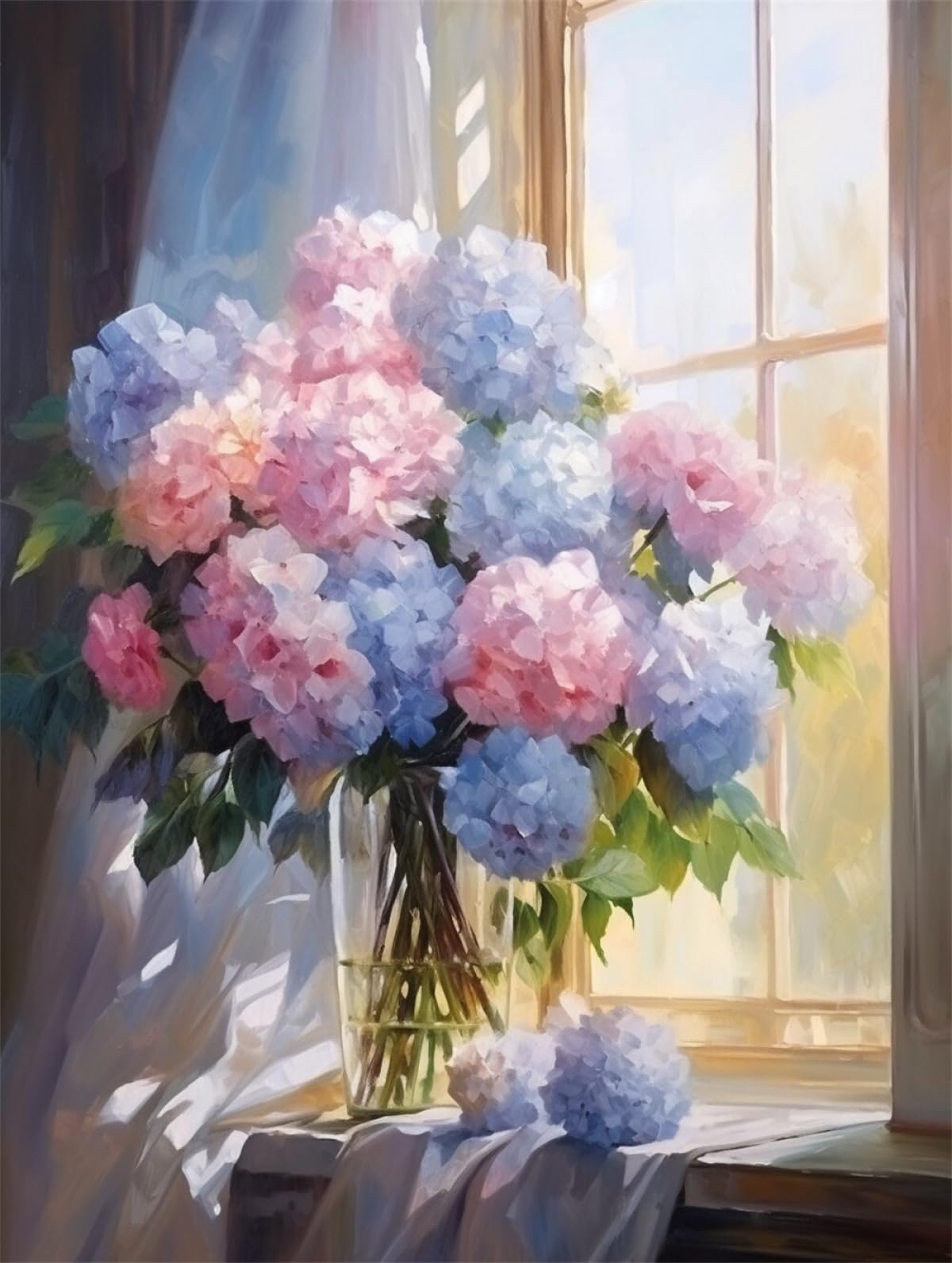 Taxpy 11CT Hortensia De Fantasía Diy Kit Punto De Cruz Flores Junto A La Ventana Kits De Patrones De Punto De Cruz,Kit De Bordado Para Adultos Y Principiantes,Juego De Manualidades 80x100cm