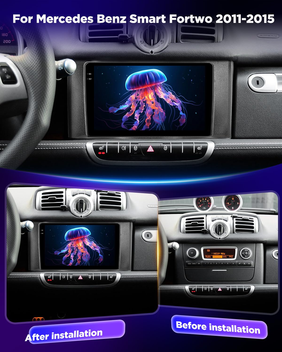 NHOPEEW Autoradio 4+64G pour Mercedes Benz Smart Fortwo 2011-2015 avec Carplay sans Fil et Android Auto - Écran incell 9 Pouces Prise en Charge WiFi GPS Commandes au Volant + Caméra de recul