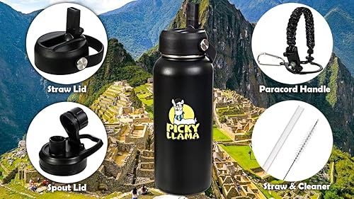 Miniatura 3 de Botella de agua deportiva de 32 onzas, 2 tapas (pajilla y boquilla), mango de paracaídas, a prueba de fugas, acero inoxidable aislado al vacío,