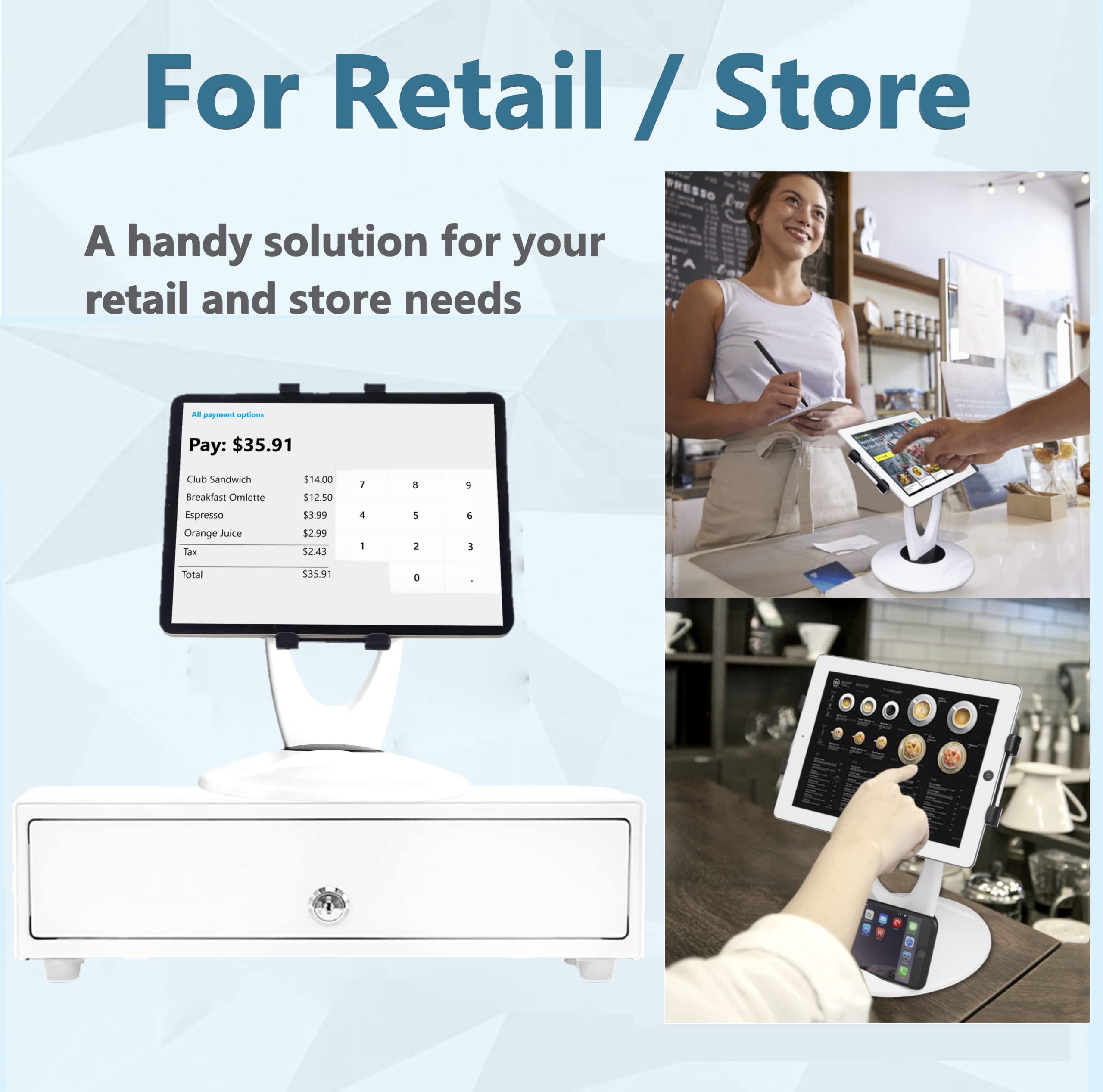 MAX SMART Large Tablet POS Stand, Rotating Commercial Tablet Stand, Swivel Base for Retail Kiosk Register Office Showcase Cashier and Business