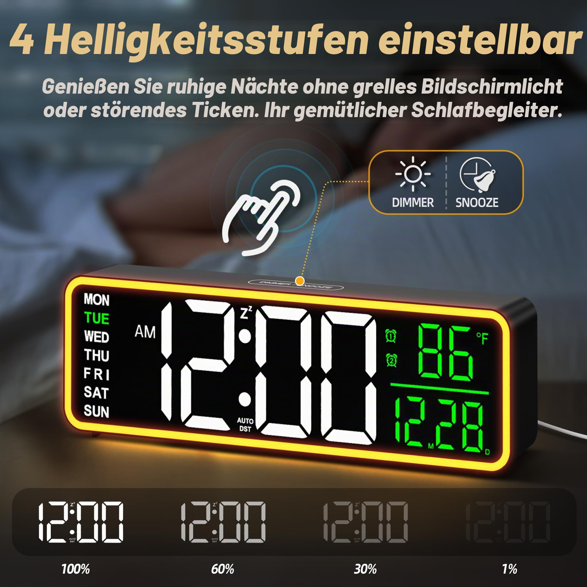 9 Zoll Digitaler Wecker Wanduhr mit Nachtlicht, Dual-Alarm, Snooze und dimmbarer Helligkeit, Temperaturanzeige, 12/24H, Timer, Netzbetrieb mit Batteriepuffer