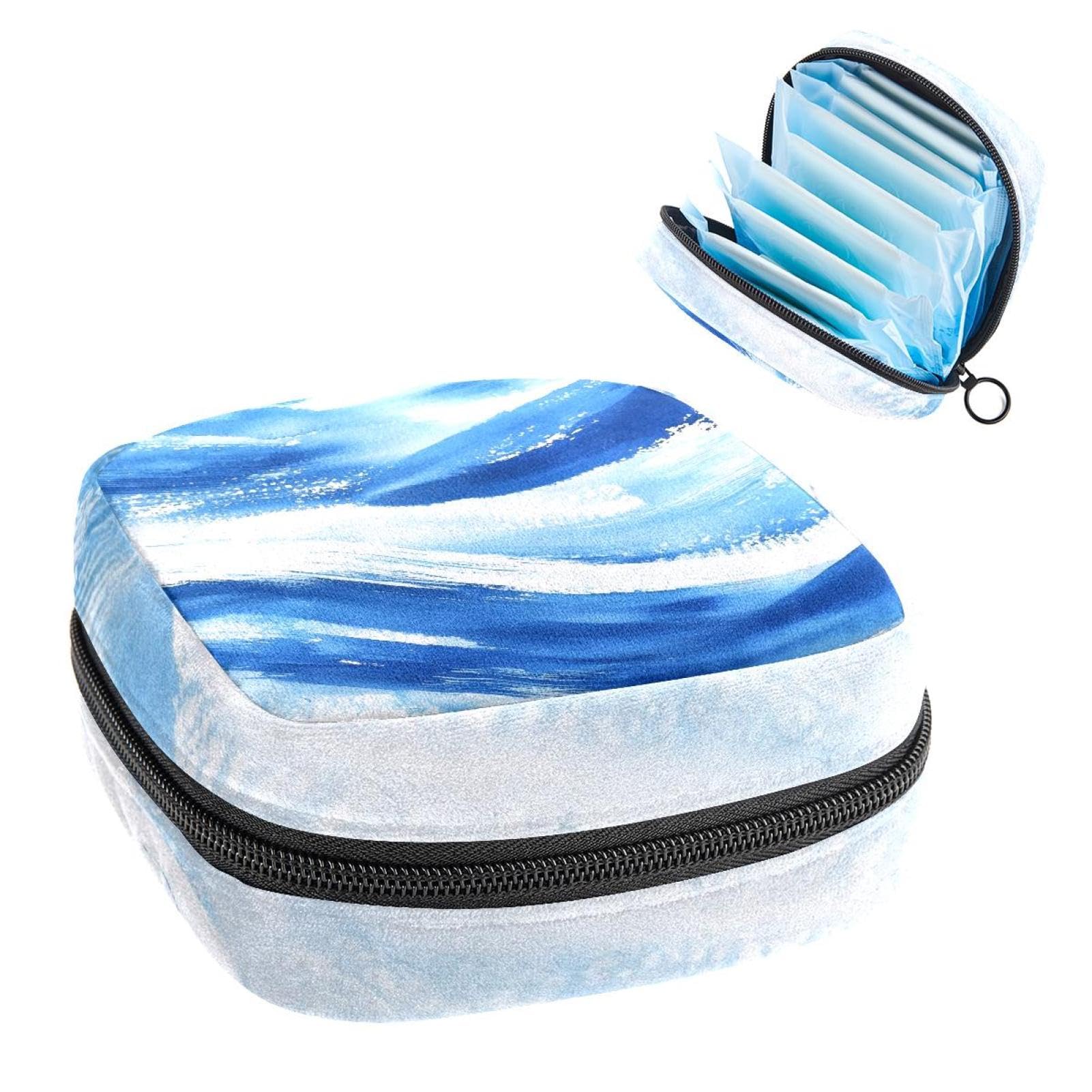 1Pc Period Bag for Women, Menstrual Pad Pouch for School Office, Reusable Sanitary Napkin Storage Bag Portable Feminine Period Kit Bag Blue and White Watercolor Winter Waves