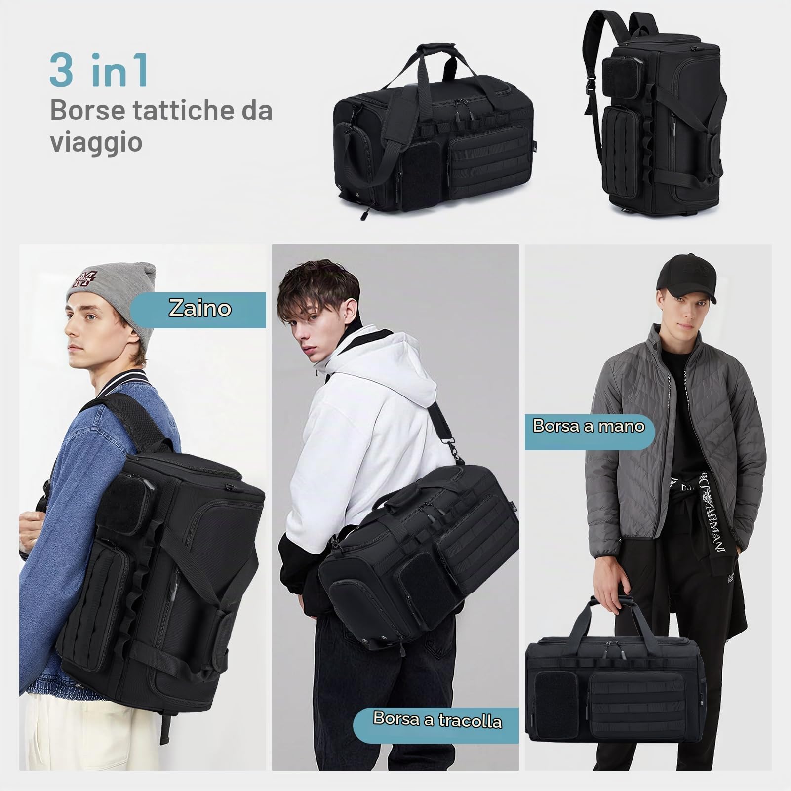 BAGZY 3 in 1 Borsone Palestra Uomo Impermeabile 40 Litri Borsa Sportiva Donna Borsone da Viaggio Tattica Militare Con Scomparto per Scarpe per Fitness Weekender Camping Con Borsa per Toilette Nero