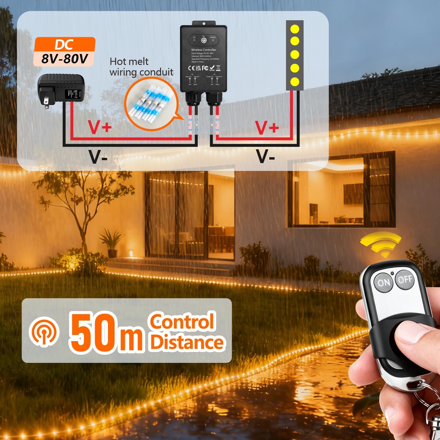 Commutateur à télécommande étanche, 12V/24V/48V/72V DC, Commutateur sans fil, Relais 30A avec portée longue de 50m, luminaires, ventilateurs de plafond et appareils électriques, zones humides