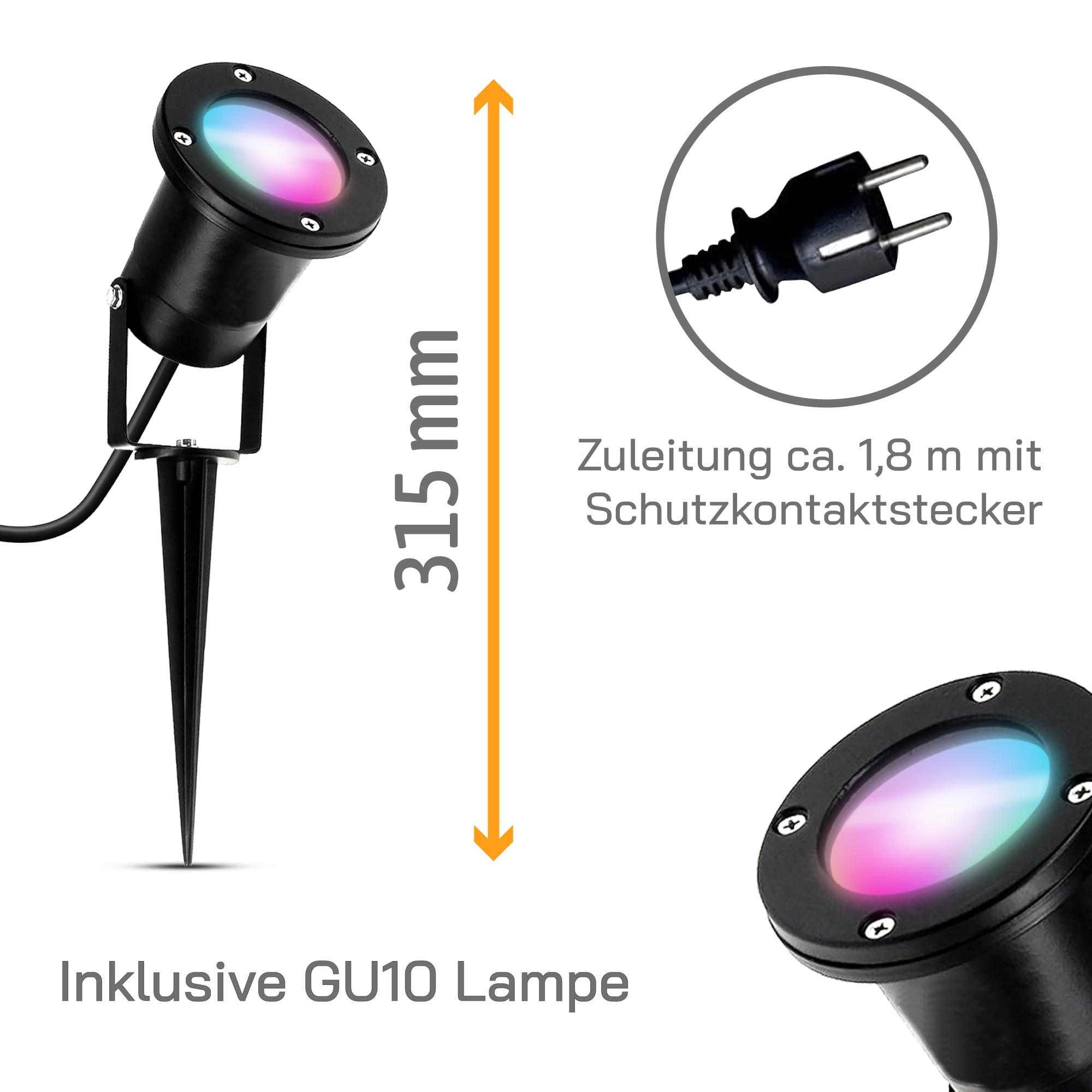 SSC-LUXon 2 Stück KARI Außenlampe schwarz Erdspießstrahler IP65 – inkl. Smart WLAN GU10 Leuchtmittel 4W CCT – Gartenbeleuchtung steuerbar per App Alexa