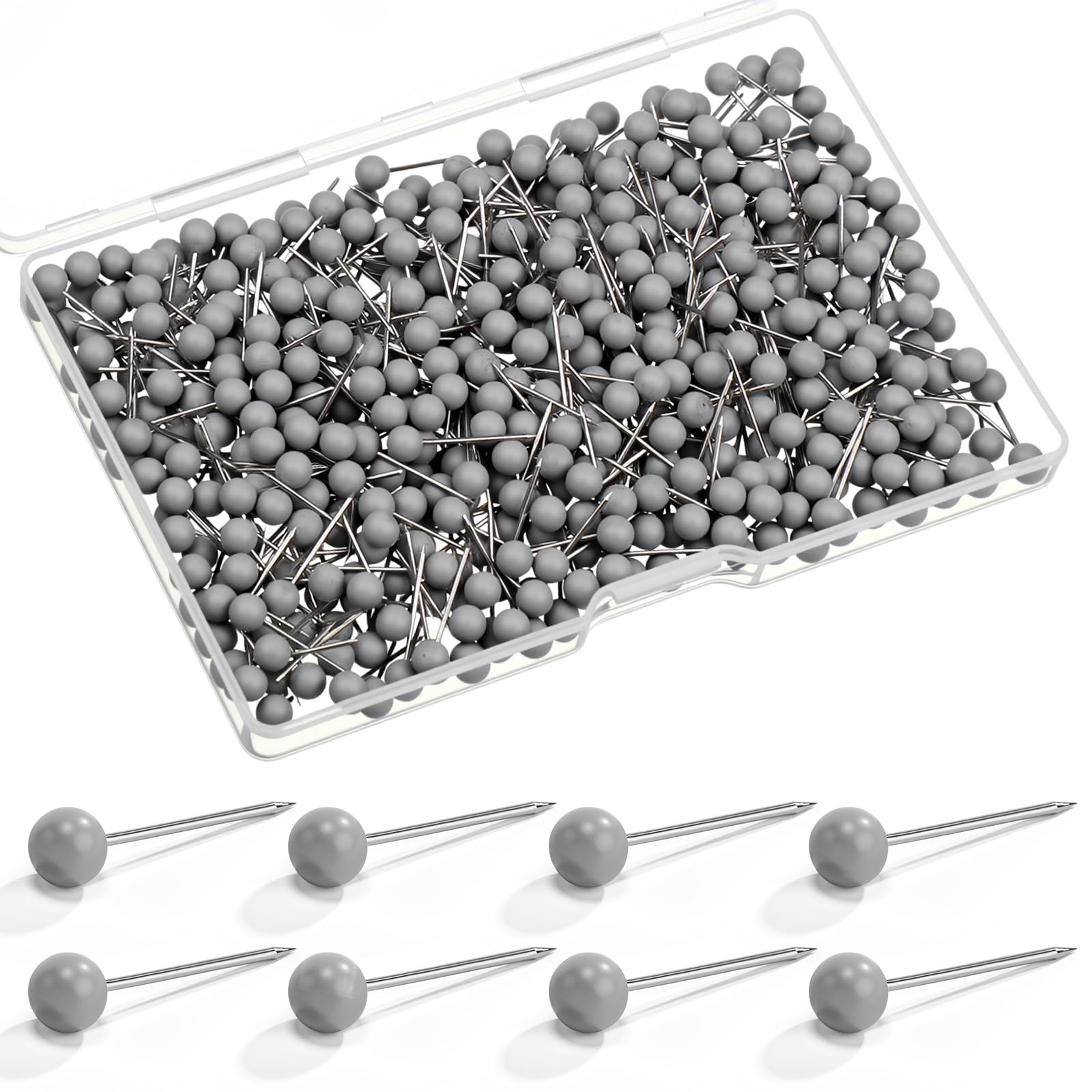 WILLBOND 500 Pack Map Push Pins Map Tacks Small Round Head Push Pins Thumb Tacks for Travel Picture Photo Bulletin Board Wall DIY Craft School Office Home(Gray,1/6 Inch)
