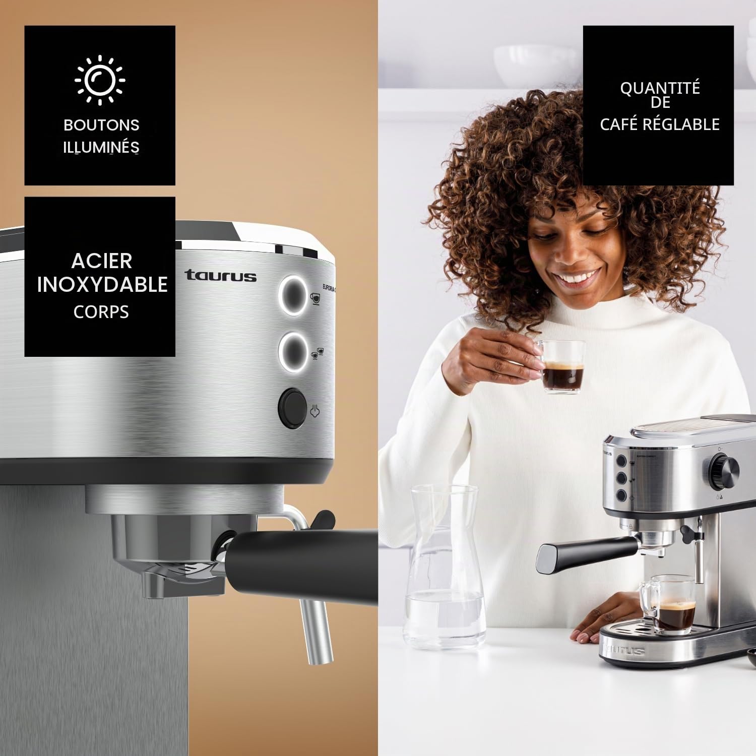 TAURUS - Machine à Espresso Euforia Compact 1350W | 20 Bars de Pression | Système Thermoblock | Filtre Supreme Cream | Buse Vapeur Orientable | Double Café Simultané | Cuillère Doseuse